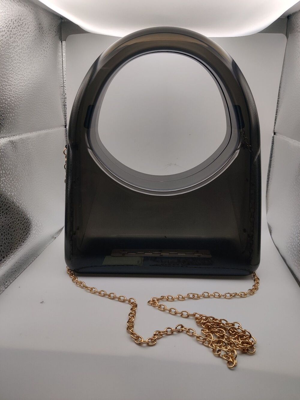 Vintage Smoked Acrylic Lucite Clutch Purse Gold Chain Strap Like New